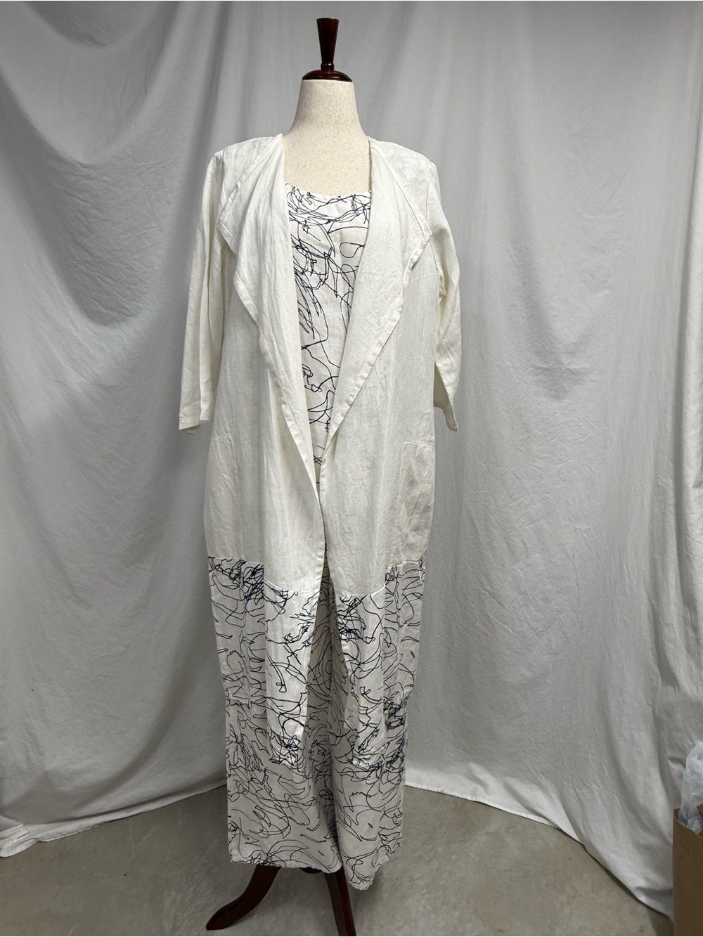 White Long Open Cardigan with Abstract Navy Scribble Duster Jacket